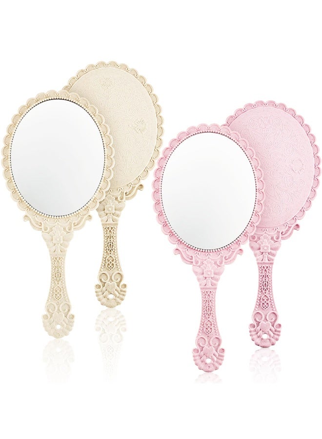 2 Pieces Vintage Handheld Mirror Portable Embossed Flower Mirror Hand Held Decorative Compact with Handle for Makeup Travel Personal - Image 1